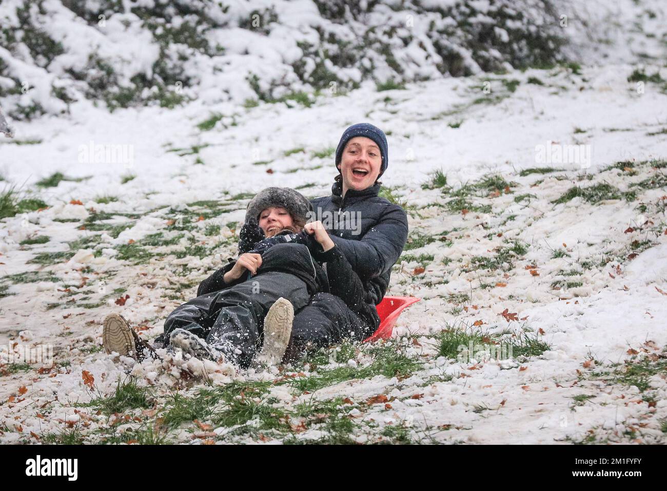 London, Großbritannien. 12.. Dezember 2022. Die Leute im Greenwich Park haben Spaß im Schnee mit den vielen schneebedeckten Hügeln des Royal Park, die viel Platz für Wanderer und diejenigen bieten, die Schlitten fahren, Rodeln und sogar Snowboard fahren wollen. Kredit: Imageplotter/Alamy Live News Stockfoto