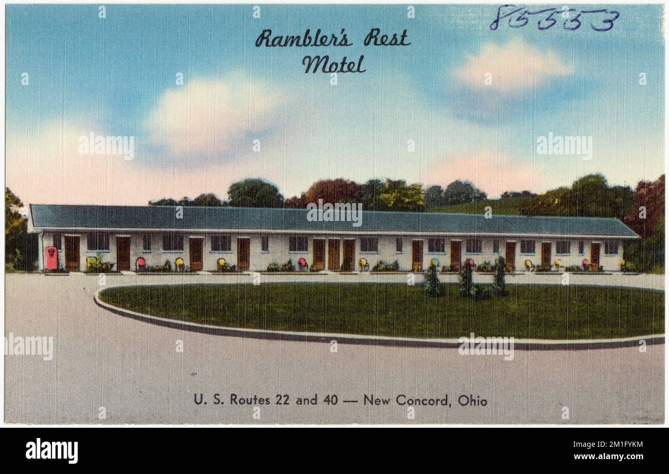 Rambler's Rest Motel, USA Route 22 und 40 - New Concord, Ohio , Motels, Tichnor Brothers Collection, Postkarten der Vereinigten Staaten Stockfoto