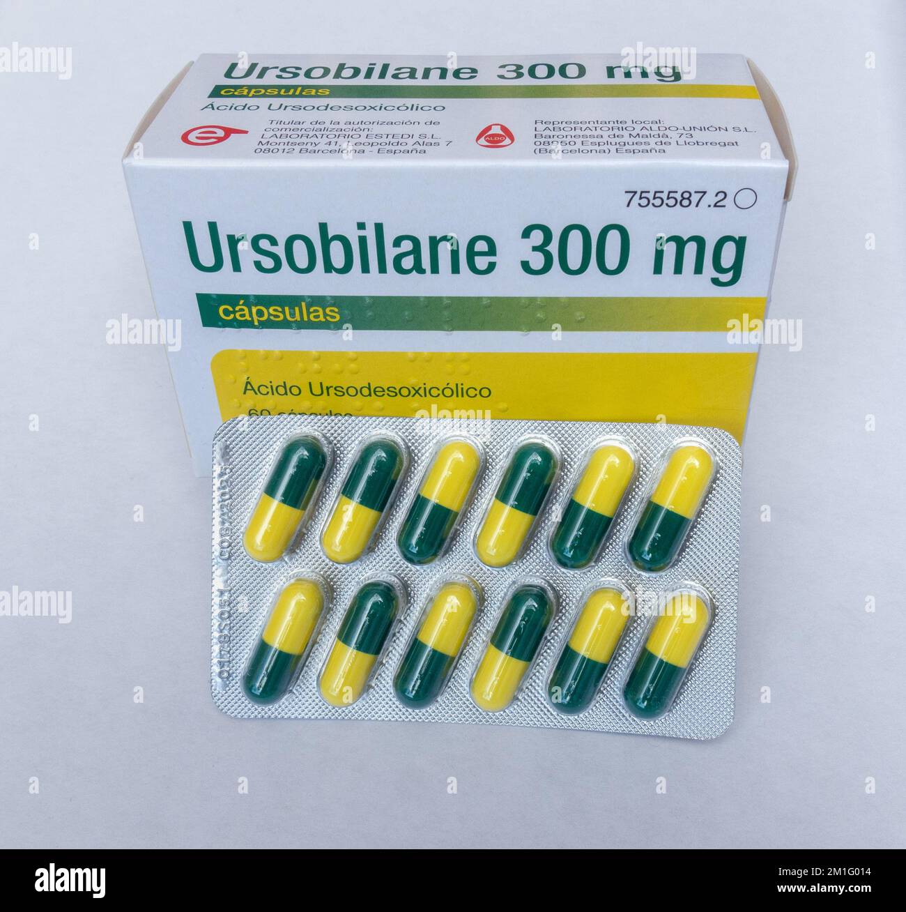 Ursobilan-Kapseln (Ursodesoxycholsäure). Stockfoto