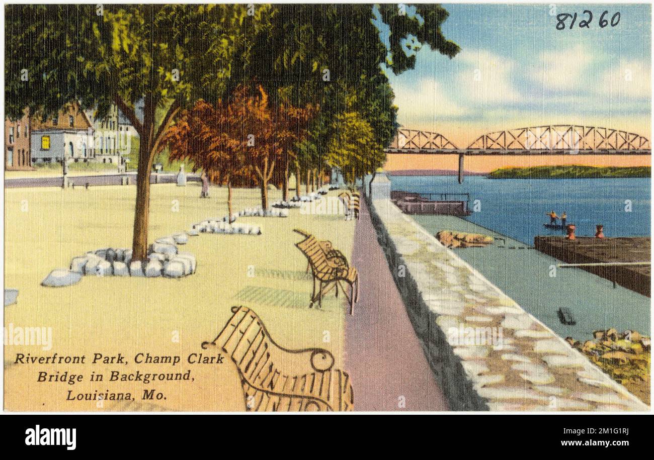 Riverfront Park, Champ Clark Bridge im Hintergrund, Louisiana, Mo. , Parks, Tichnor Brothers Collection, Postkarten der Vereinigten Staaten Stockfoto