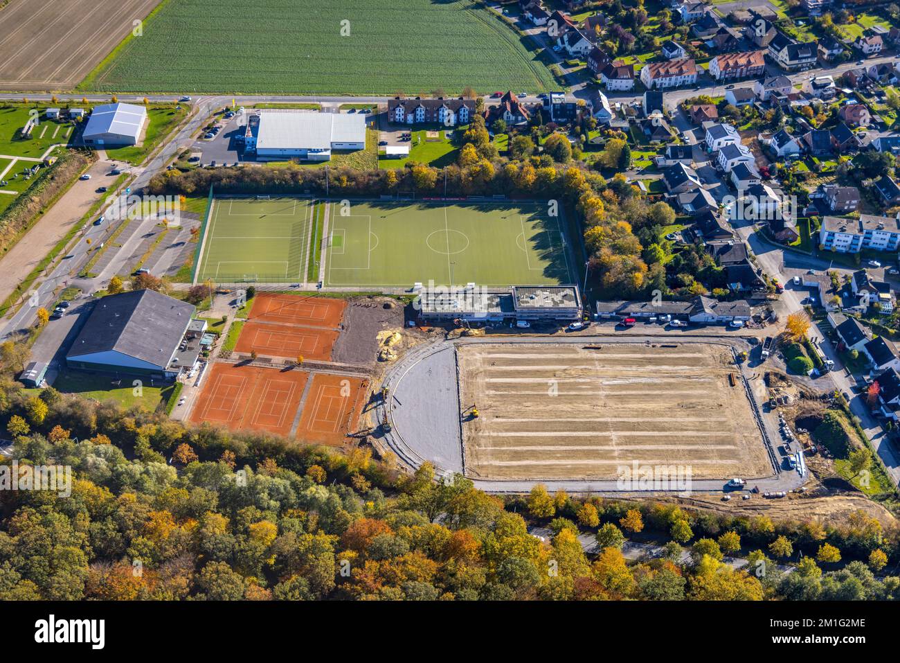 Luftaufnahme, Baustelle an der Sportanlage Hammer SC zwischen Hubert-Westermeier-Straße und in der Fuchshöhle im Bezirk Rhynern in Ham Stockfoto