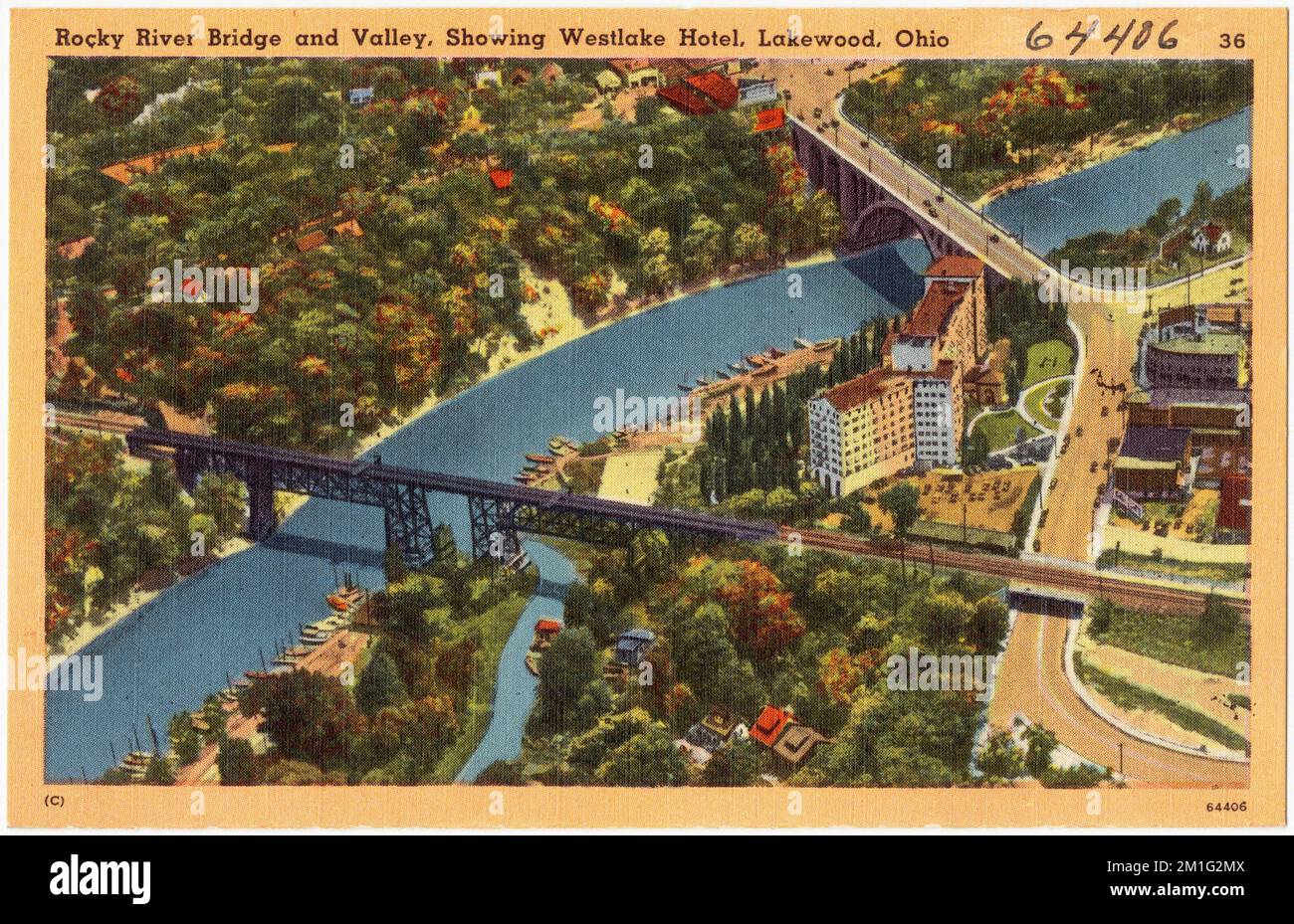 Rocky River Bridge und Tal mit Westlake Hotel, Lakewood, Ohio, Brücken, Cities & Towns, Tichnor Brothers Collection, Postkarten der Vereinigten Staaten Stockfoto