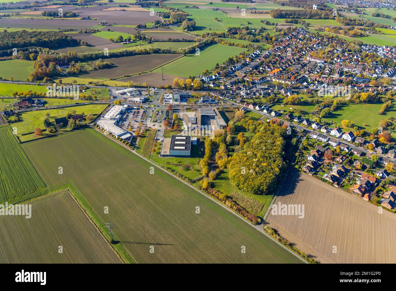 Luftaufnahme, Konrad-Adenauer Realschule und Rewe Räker Supermarkt im Bezirk Rhynern in Hamm, Ruhrgebiet, Nordrhein-Westfalen, Deutschland, Bildung, Stockfoto