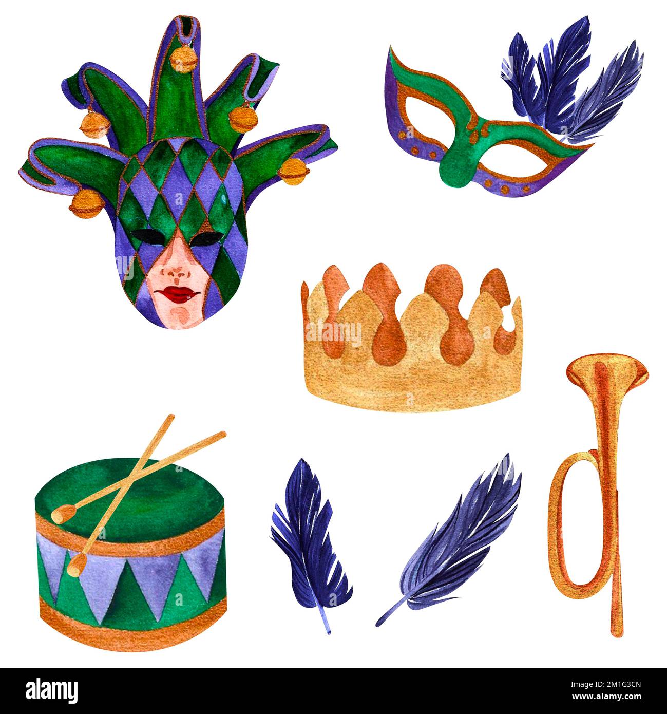 Mardi Gras-Set mit Aquarell-Illustrationen: Masken, Krone, Trommel und Trompete auf isoliertem weißem Hintergrund, handgezeichnet. Perfekt für Kartendesign, einladend Stockfoto