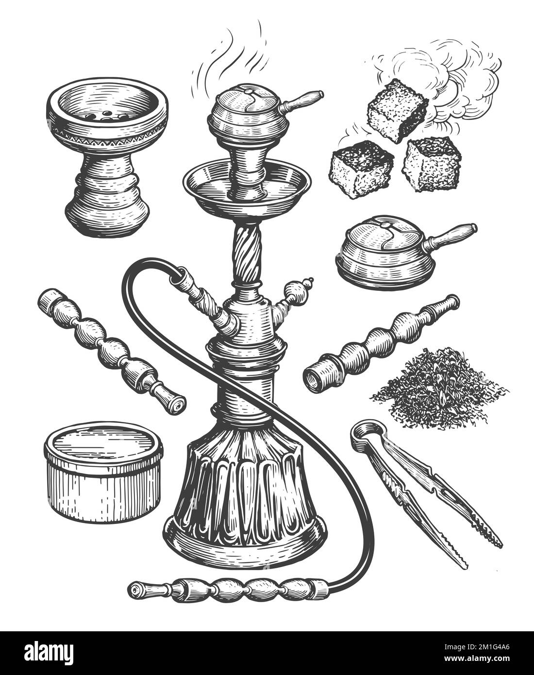 Skizze der Raucherkollektion und Accessoires. Shisha, Tabak, Zangen, Holzkohle. Handgezeichnete Vintage-Illustration Stockfoto