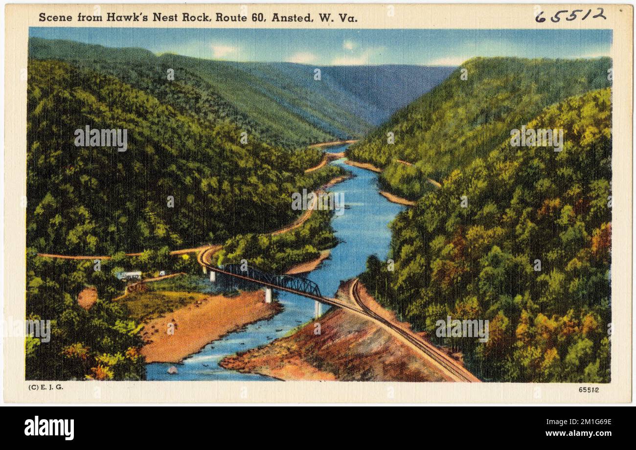 Szene aus Hawk's Nest Rock, Route 60, Ansted, W. Va. , Valleys, Tichnor Brothers Collection, Postkarten der Vereinigten Staaten Stockfoto