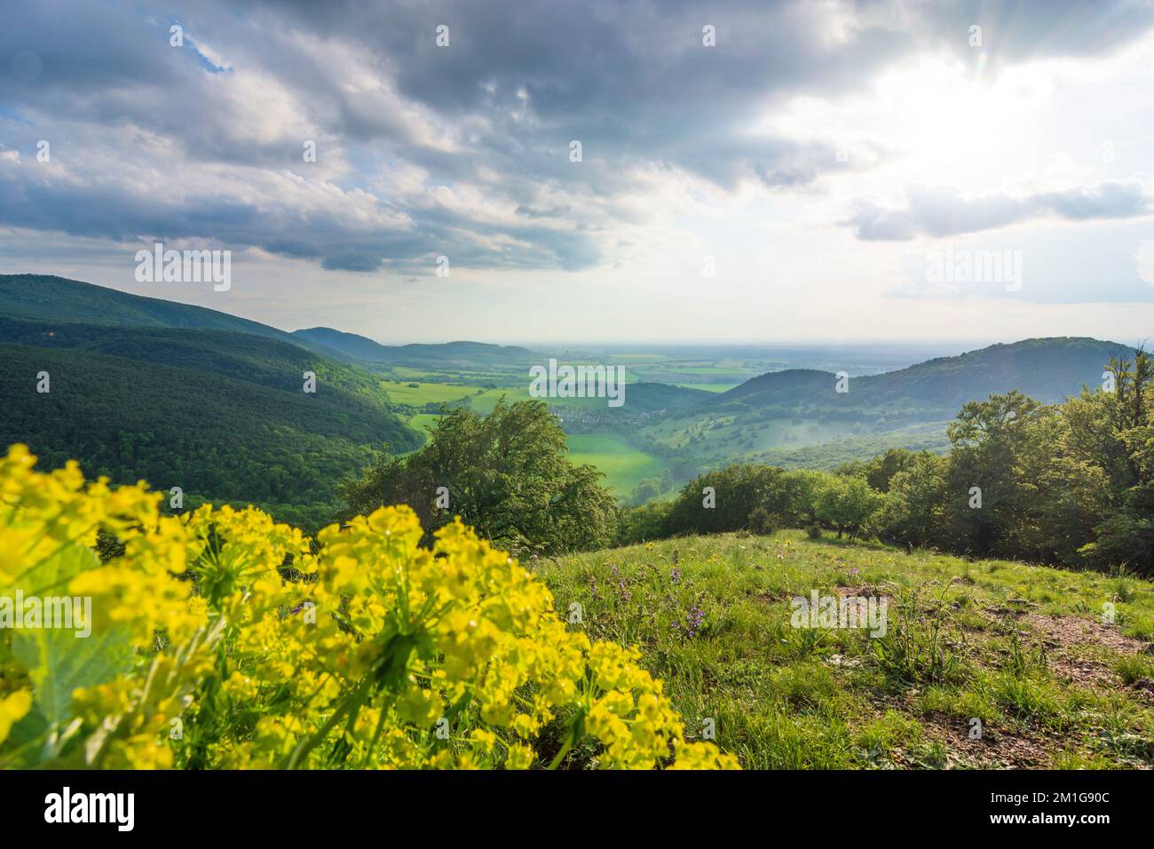 Plavecke Podhradie (Blasenstein, Plasenstein): Blick auf das Dorf Plavecky Mikulas (Blasenstein-Sankt Nikolaus), den Berg Male Karpaty (kleine Karpaten Stockfoto
