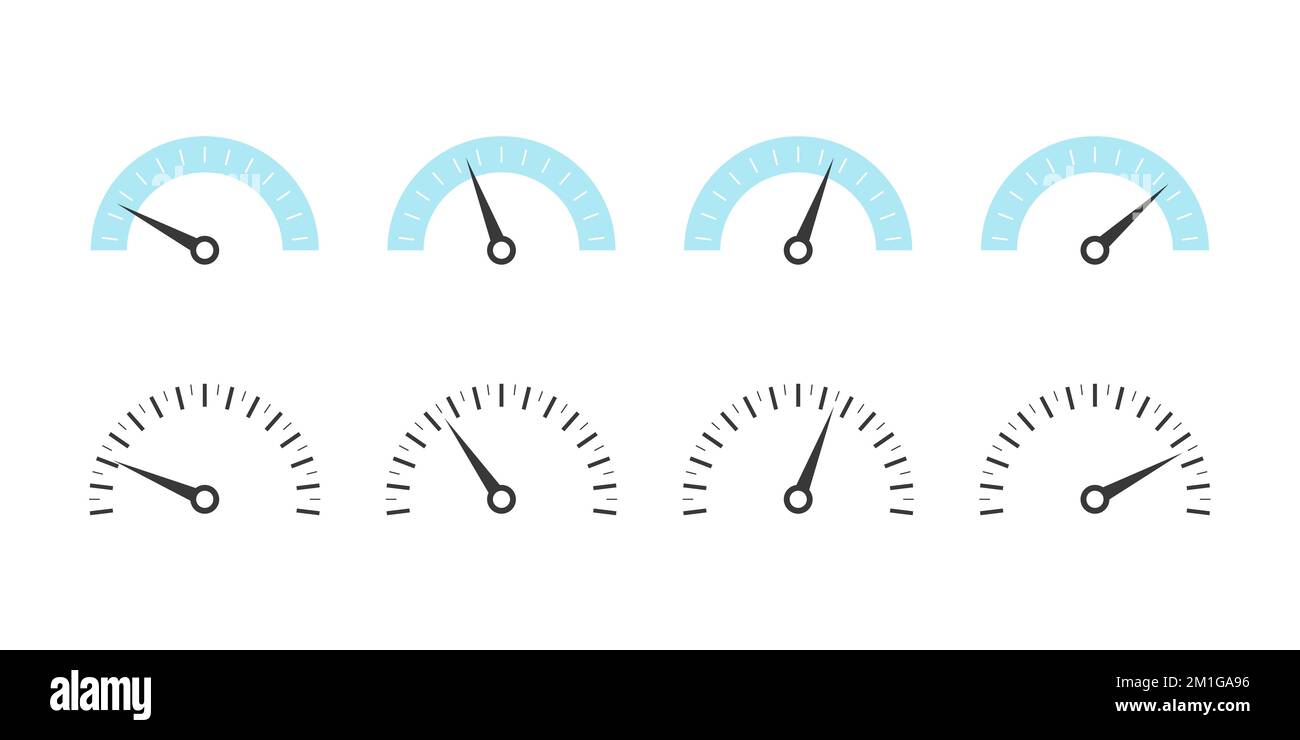 Skala für Risikoanzeige festgelegt. Tachometersymbole. Set von Messskalen. Vektordarstellung Stock Vektor