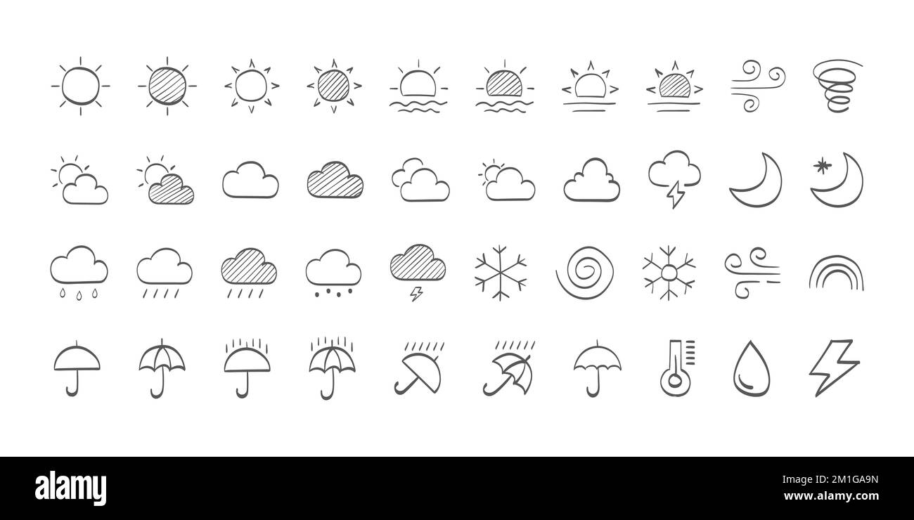 Satz gezeichneter schwarzer Wettersymbole. Wettersymbole. Wettervektorsymbole. Symbole für Wettervorhersage. Wetterzeichen. Vektordarstellung Stock Vektor