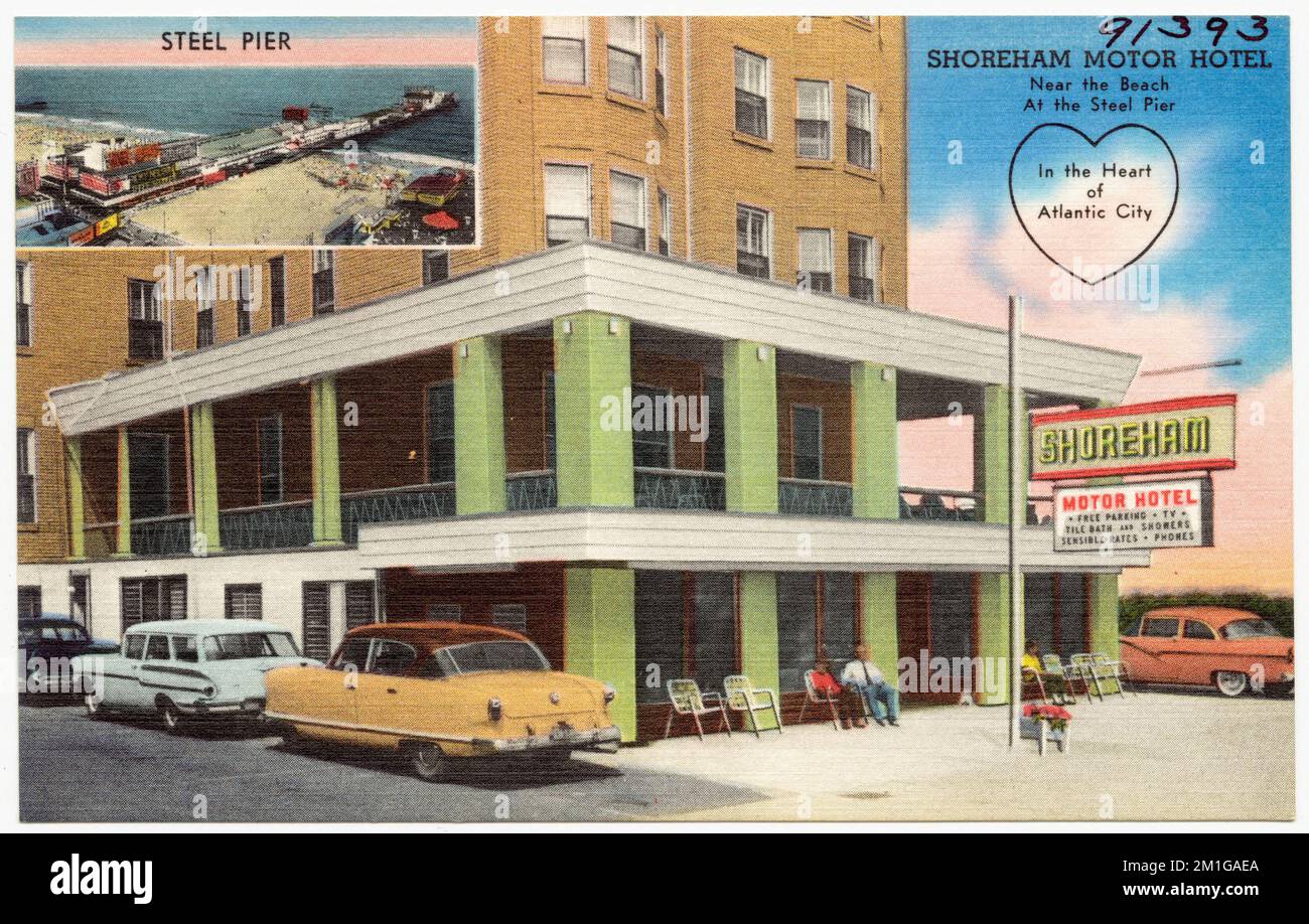 Shoreham Motor Hotel, in der Nähe des Strandes am Steel Pier, im Herzen von Atlantic City, Motels, Tichnor Brothers Collection, Postkarten der Vereinigten Staaten Stockfoto