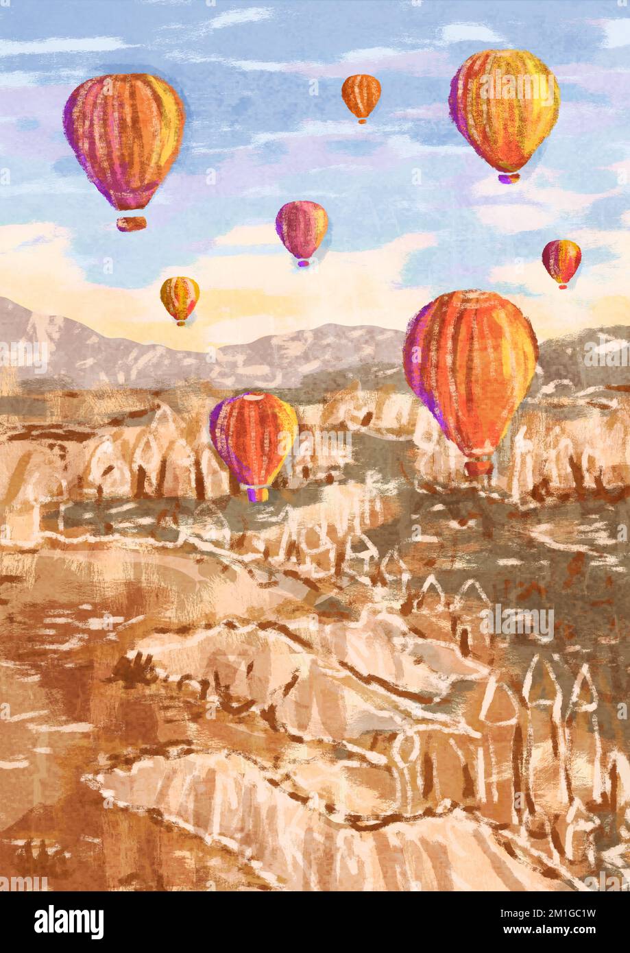 Abstrakte Kunstdrucke von Kappadokien, der Türkei mit Felsbergen und Ballons am Himmel. Abstrakter Minimaler Hintergrund. Böhmische Wandmalereien, Bo Stockfoto