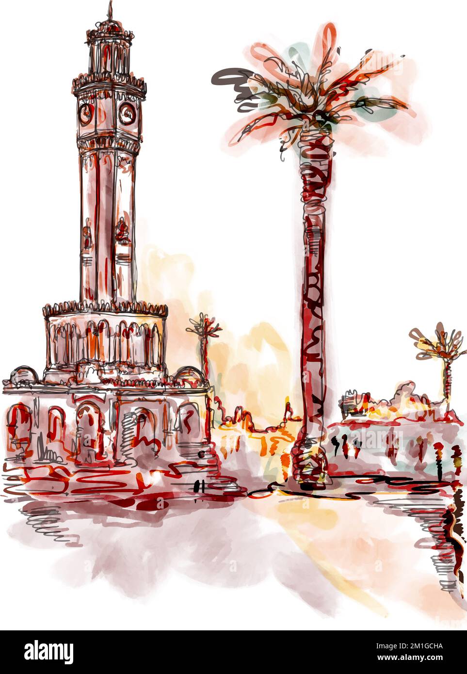 Handgezeichnete Farbrasterskizze der Konak Promenade in Izmir, Türkei. Vorderansicht des Izmir Uhrenturms, Wahrzeichen der Türkei. Abstrakte Illustration Stockfoto