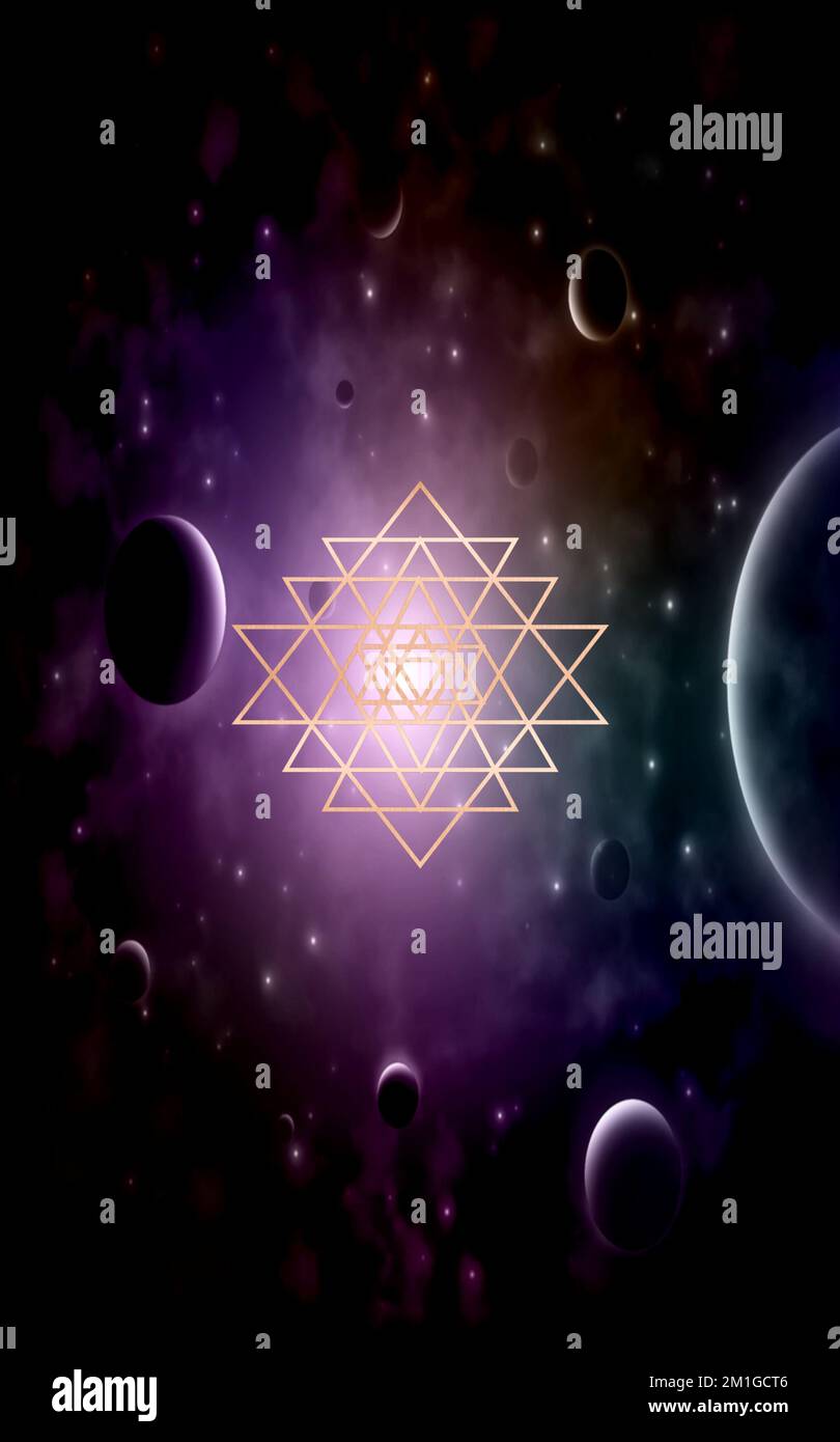 Spiritueller Hintergrund der Meditation mit sri-yantra-Symbol und Galaxie Stockfoto