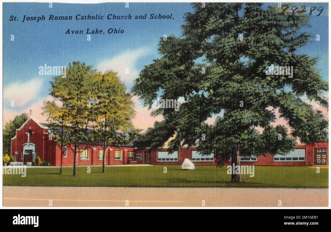 St. Joseph römisch-katholische Kirche und Schule, Avon See, Ohio, Kirchen, Tichnor Brothers Collection, Postkarten der Vereinigten Staaten Stockfoto