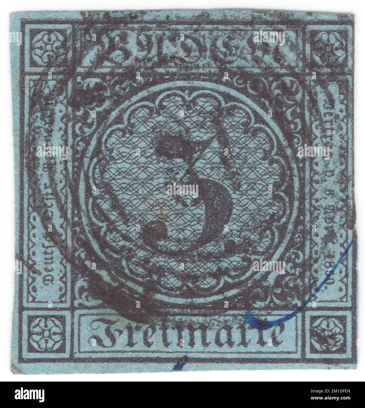BADEN (einer der deutschen Bundesstaaten) — 1861: Originale, alte und seltene ultramarine Briefmarke mit 3 Kreuzer, die ein Wappen mit schattiertem Hintergrund hinter Arms zeigt Stockfoto
