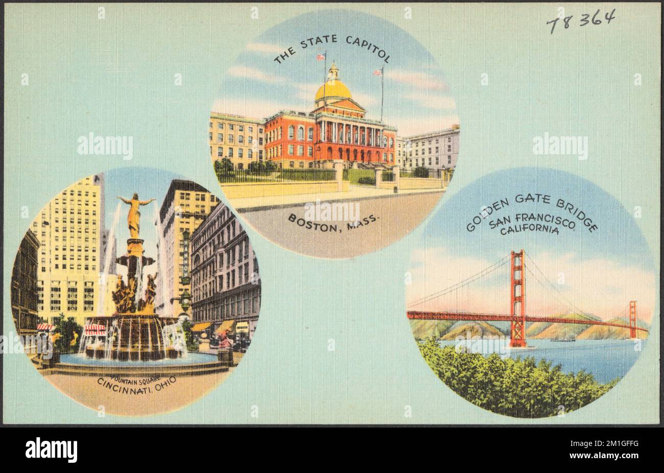 Das Kapitol des Bundesstaates Boston, Mass. Fountain Square, Cincinnati, Ohio. Golden Gate Bridge, San Francisco, Kalifornien, Capitols, Brücken, Städte und Gemeinden, Massachusetts State House Boston, Mass., Tichnor Brothers Collection, Postkarten der Vereinigten Staaten Stockfoto