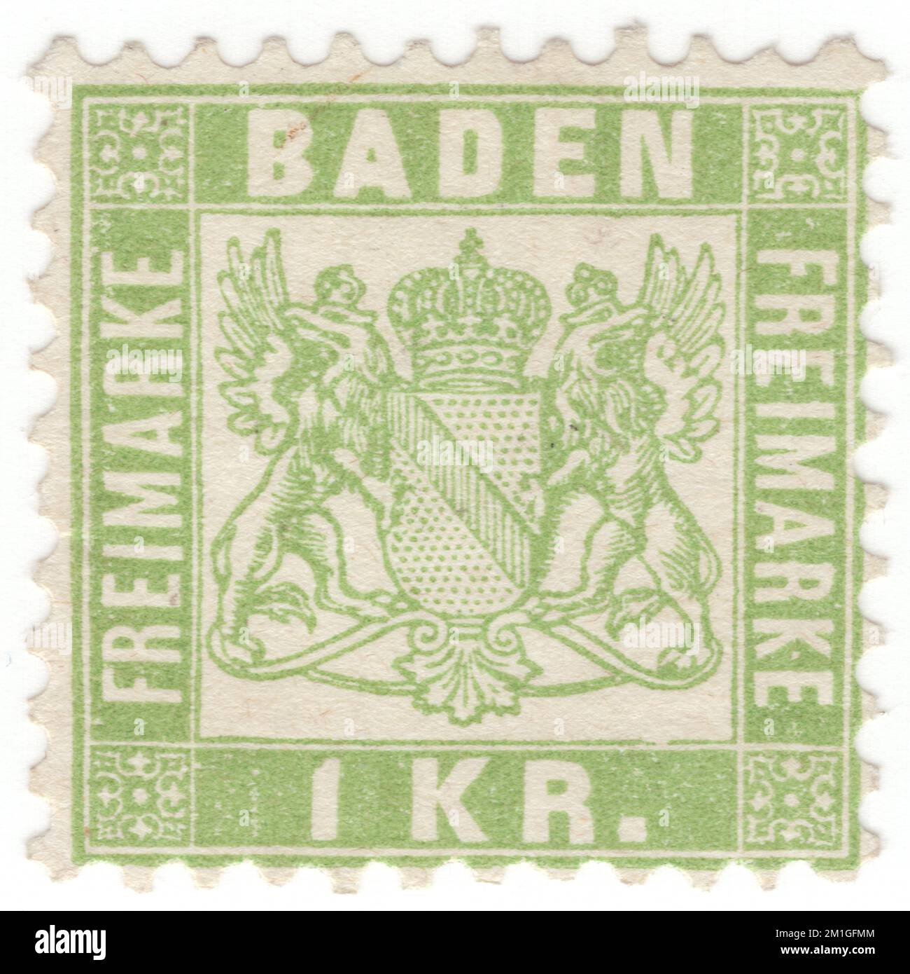 BADEN — 1868: Grüner Briefstempel von 1 Kreuzer mit Ziffern und Verzierungen. Baden war einer der deutschen Bundesländer im Südwesten Deutschlands. Großherzogtum, Hauptstadt - Karlsruhe (Hauptstadt). Baden war Mitglied des Deutschen Bundes. 1870 wurde es Teil des Deutschen Reiches. 60 Kreuzer = 1 Gulden Stockfoto