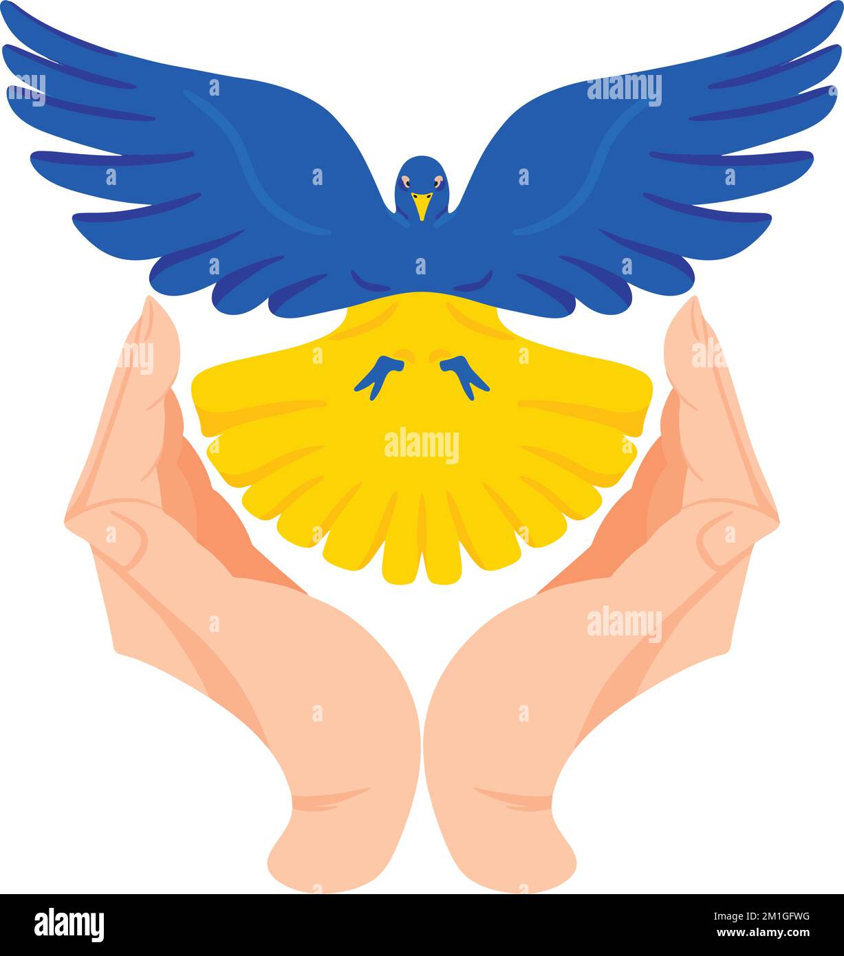 Die Hände halten eine Friedenstaube in ukrainischen Flaggenfarben. Kein Kriegskonzept. Blaue und gelbe konzeptionelle Idee – Unterstützung der Ukraine. Friedenskunst. Abstrakt Stock Vektor