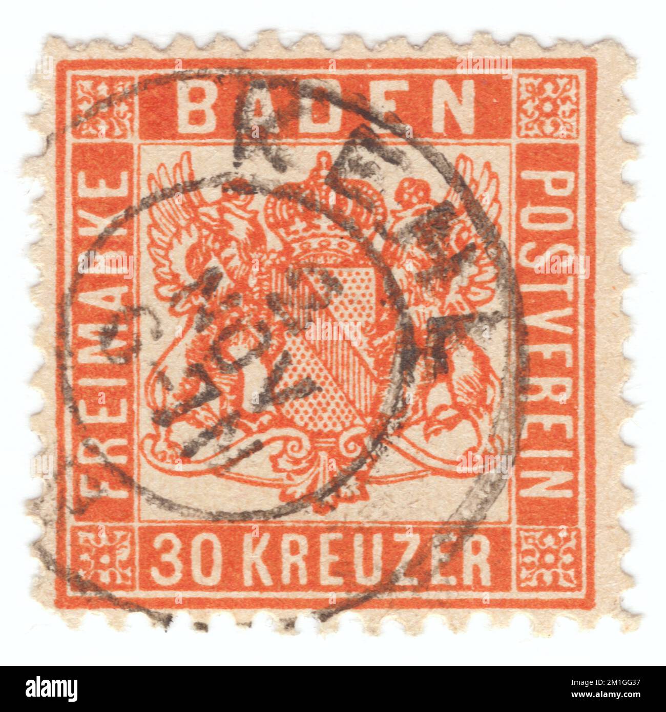 BADEN (einer der deutschen Bundesstaaten) — 1862: Ursprünglich verwendeter, tieforangefarbener Briefstempel mit 30 Kreuzer, der ein Gewehr mit unschattiertem Hintergrund zeigt Stockfoto
