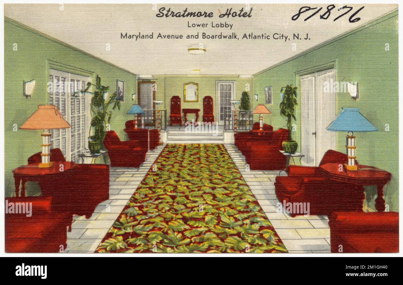 Stratmore Hotel, untere Lobby, Maryland Avenue und Boardwalk, Atlantic City, N.J. , Hotels, Tichnor Brothers Collection, Postkarten der Vereinigten Staaten Stockfoto