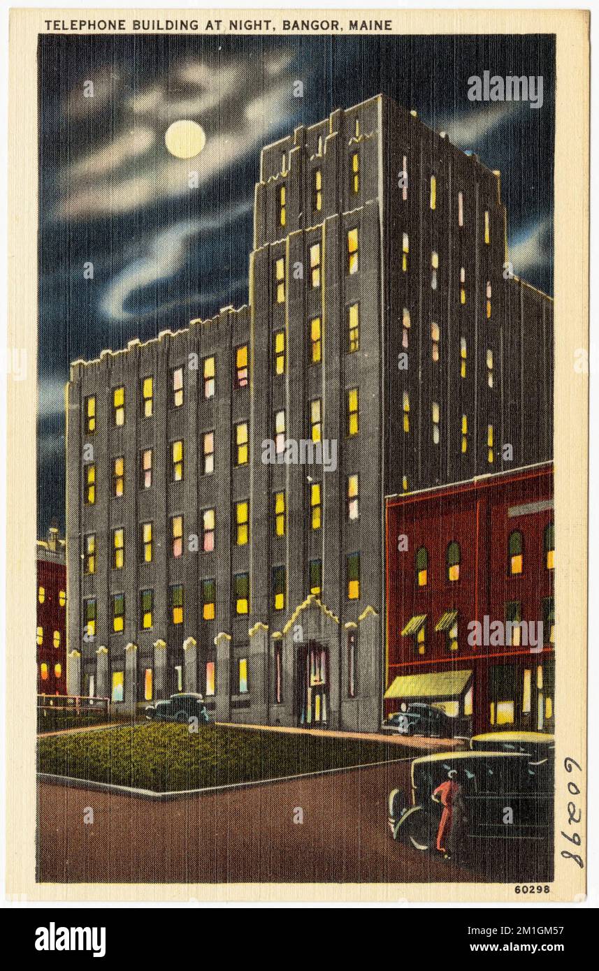 Telephone Building at Night, Bangor, Maine, Commercial Facilities, Tichnor Brothers Collection, Postkarten der Vereinigten Staaten Stockfoto