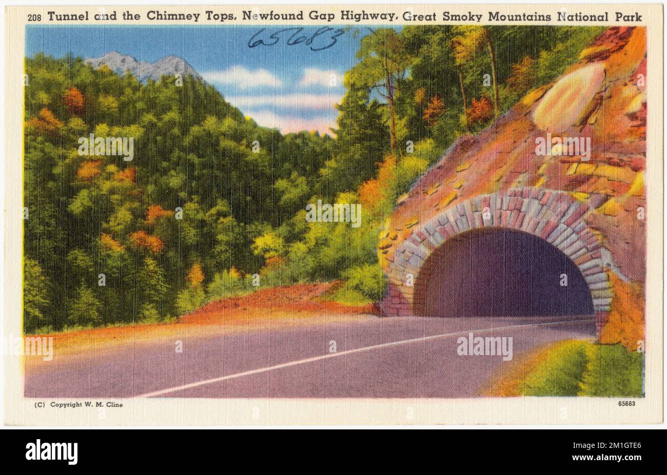 Tunnel and the Chimney Tops, Newfound Gap Highway, Great Mountains National Park , Roads, Tichnor Brothers Collection, Postkarten der Vereinigten Staaten Stockfoto