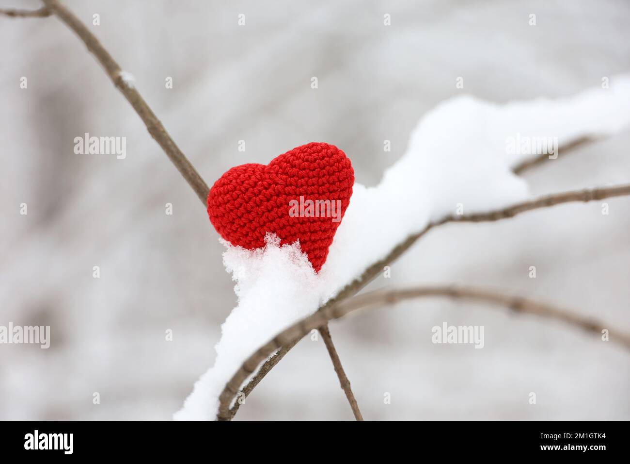 Gestricktes Liebesherz auf einem Ast, der im Winterwald mit Schnee bedeckt ist. Hintergrund für die Weihnachtsfeier oder den Valentinstag Stockfoto