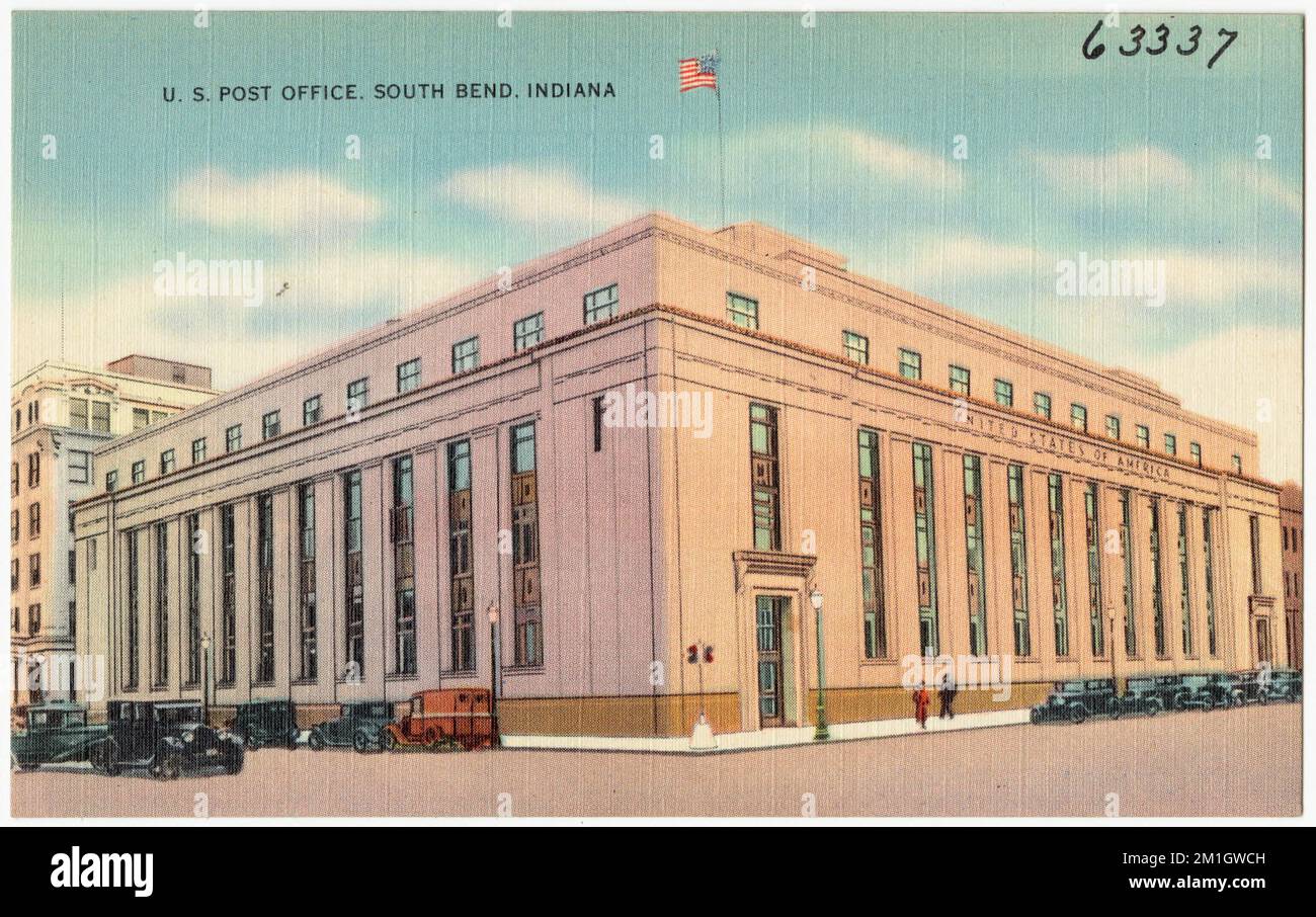 U. S. Post Office, South Bend, Indiana, Post Offices, Tichnor Brothers Collection, Postkarten der Vereinigten Staaten Stockfoto