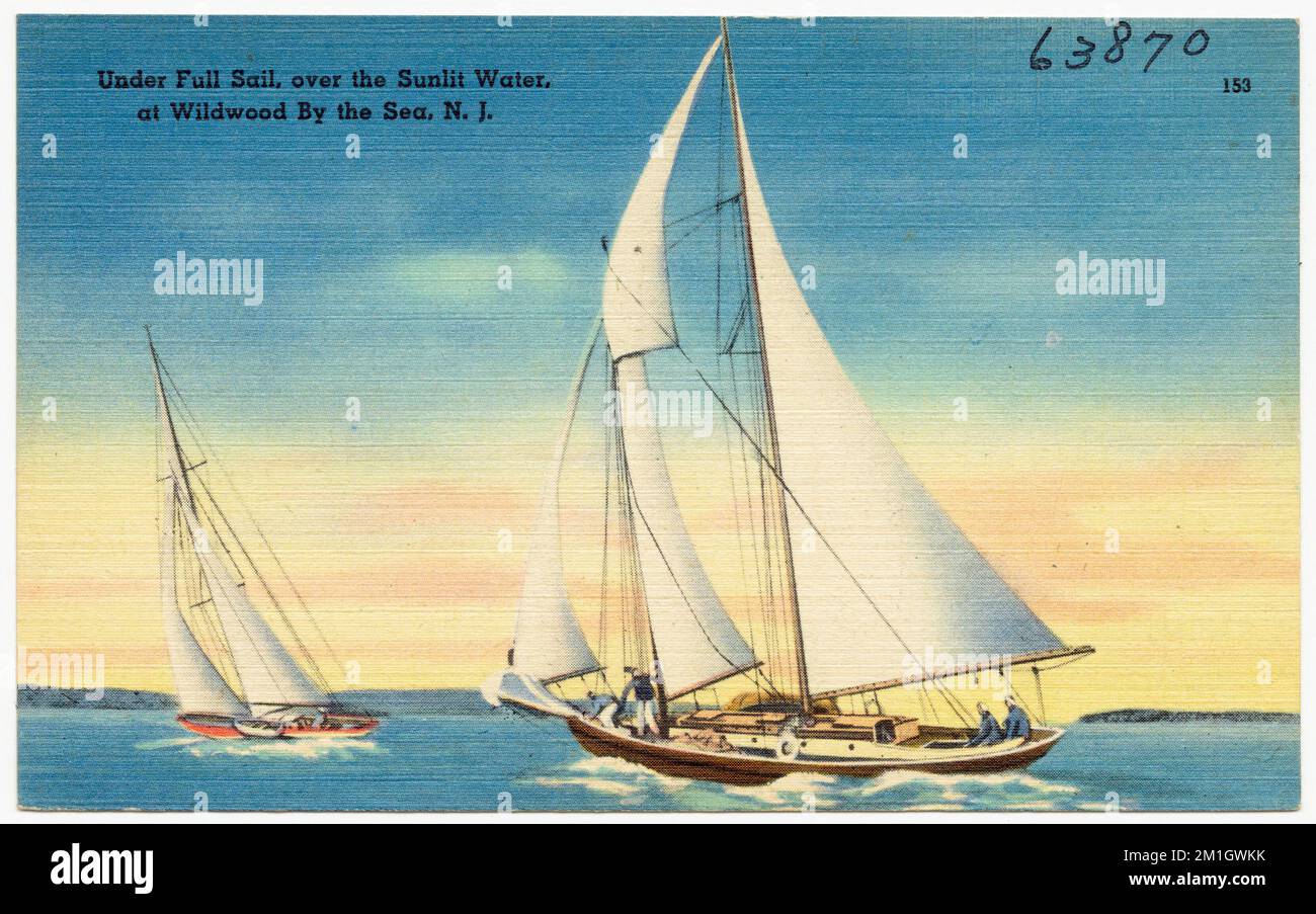 Unter voller Segeltörn über das sonnige Wasser, in Wildwood by the Sea, N. J. , Seas, Boats, Tichnor Brothers Collection, Postkarten der Vereinigten Staaten Stockfoto