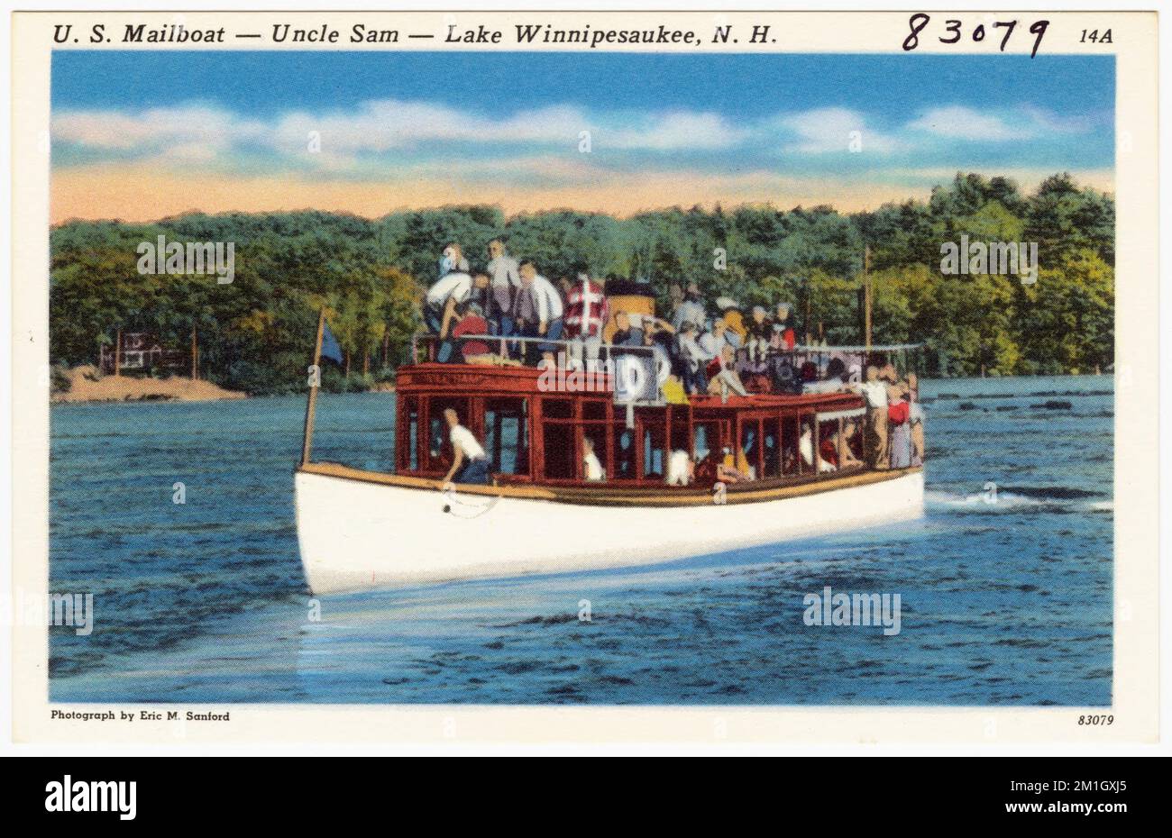 USA Postboot - Onkel Sam - Lake Winnipesaukee, N.H. , Seen & Teiche, Boote, Tichnor Brothers Collection, Postkarten der Vereinigten Staaten Stockfoto