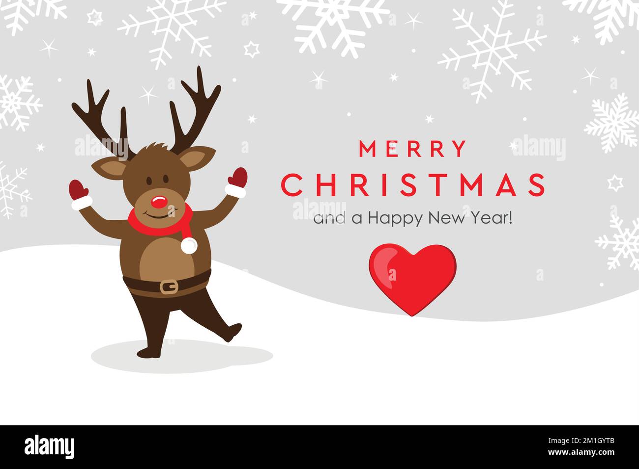 weihnachtsgrußkarte mit niedlichem Hirsch auf verschneitem Hintergrund Stock Vektor