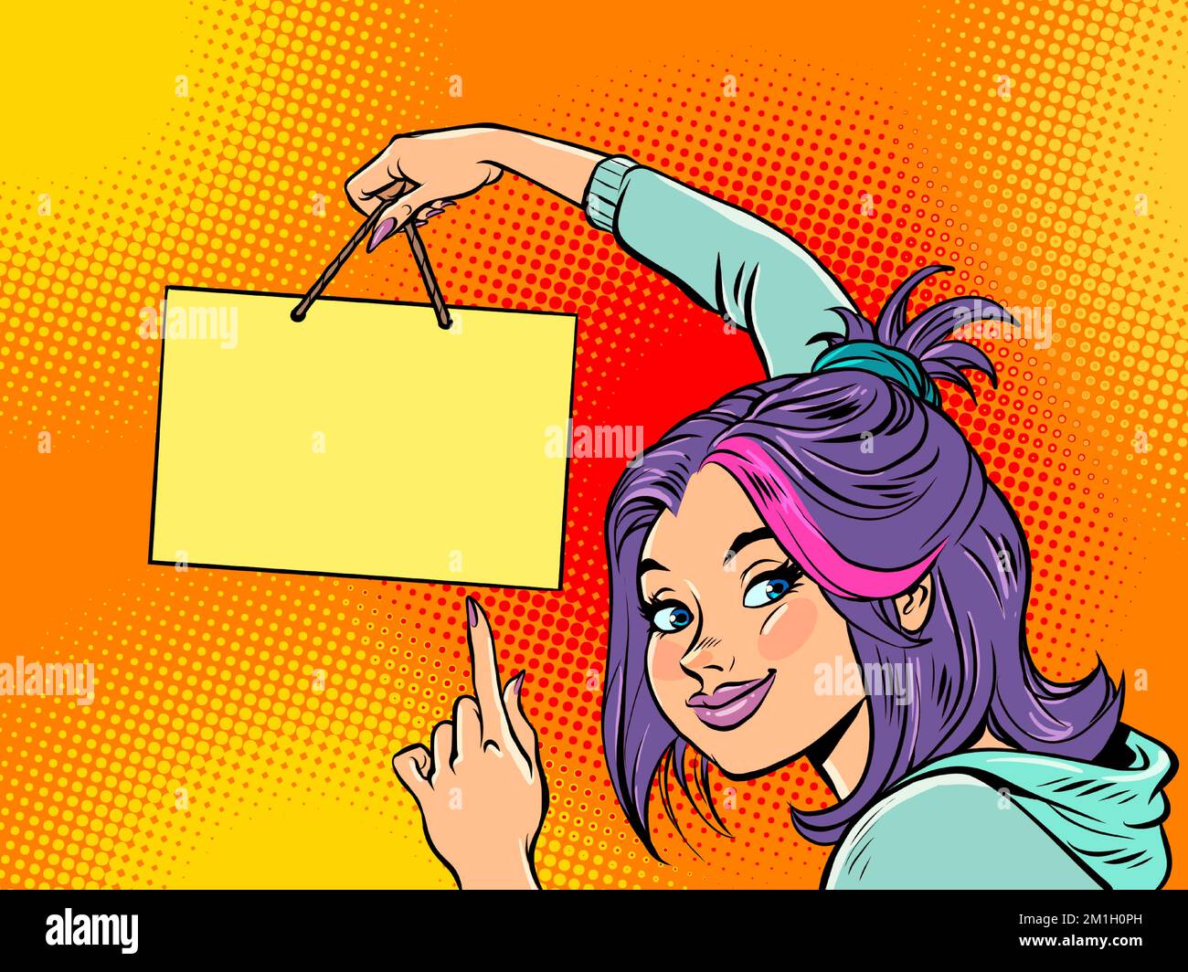Junge Frau hängt ein leeres Schablonenschild auf. Ankündigungsinformationen Werbung Stock Vektor