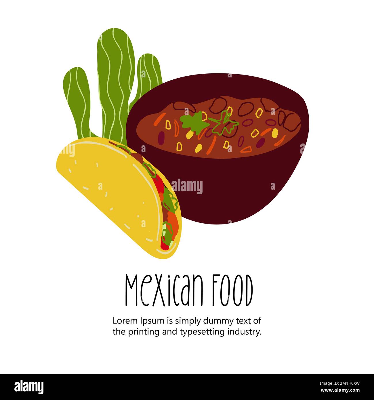 Mexikanisches Essen Tacos und Chili Con Carne isoliert auf weißem Hintergrund Stock Vektor