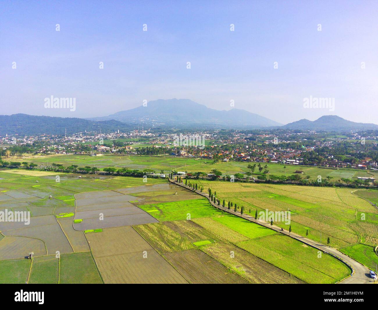 Ein Blick auf die Reisfelder mit dem Stadtbild von Ambarawa und den Bergen im Hintergrund Stockfoto