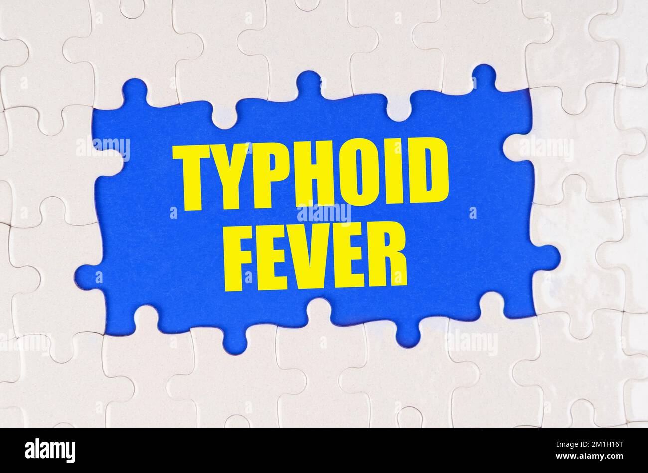 Medizin und Gesundheitskonzept. In den weißen Rätseln auf blauem Hintergrund steht geschrieben: TYPHUS Stockfoto