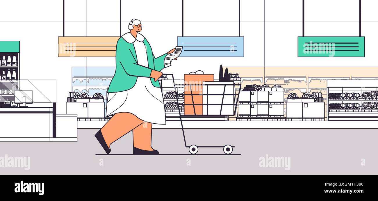 Seniorin mit einem Einkaufswagen, der die Einkaufsliste im Supermarkt überprüft Stock Vektor