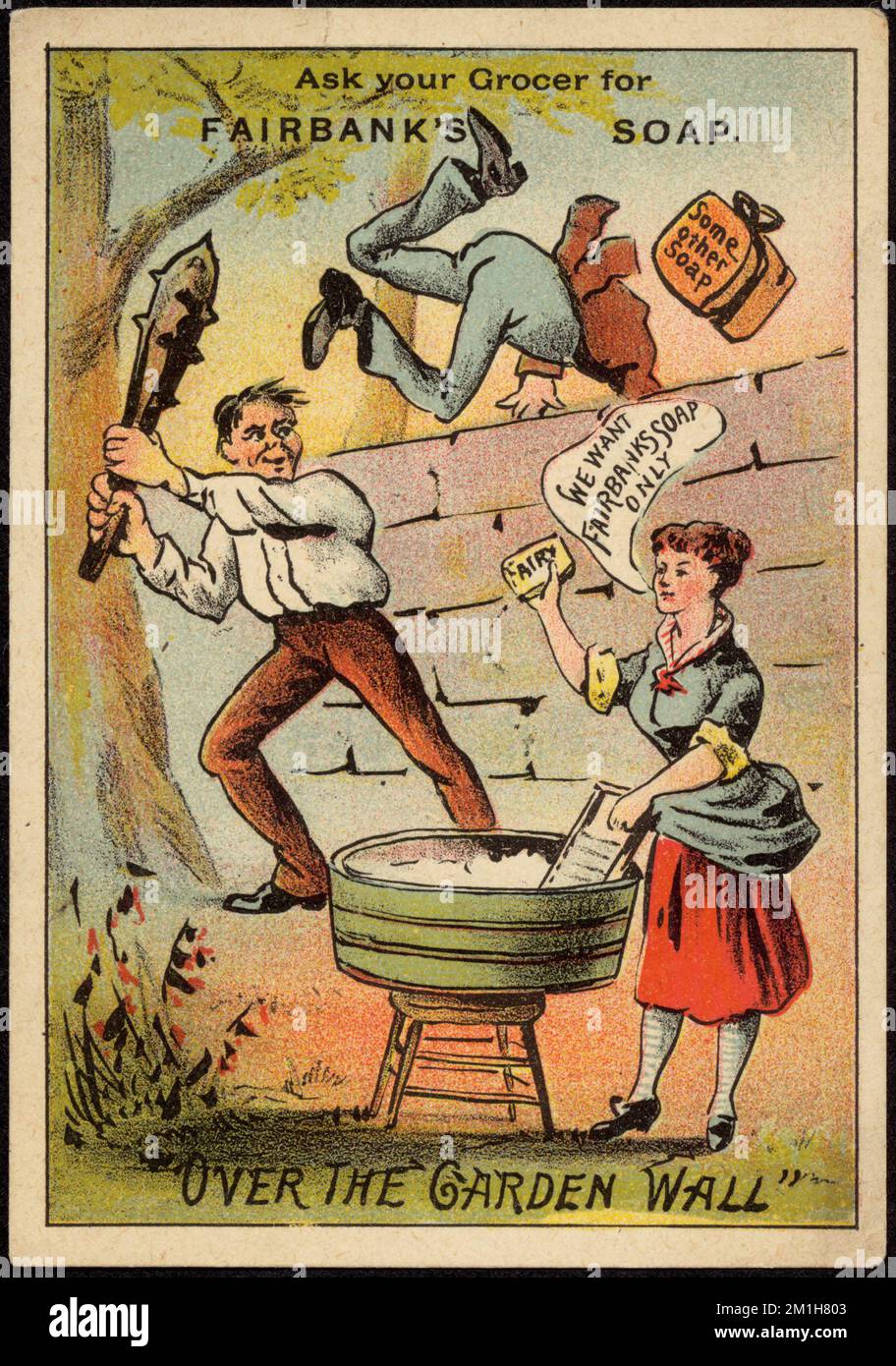 Frag deinen Supermarkt nach Fairbank's Seife. "Über die Gartenwand" , Erwachsene, Waschbecken, Waschbretter, Haushaltsseife, US-Handelskarten des 19.. Jahrhunderts Stockfoto