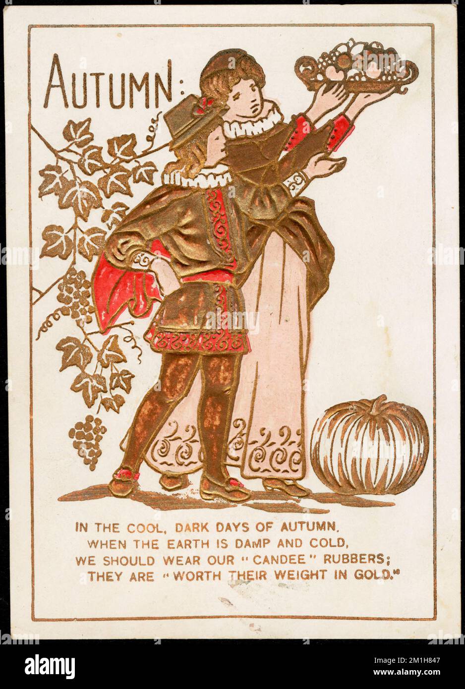 Herbst: In den kühlen, dunklen Herbsttagen, wenn die Erde feucht und kalt ist, sollten wir unsere "Candee"-Gummi tragen; sie sind "ihr Gewicht in Gold wert" , Erwachsene, Gummischuhe, American Trade Cards des 19.. Jahrhunderts Stockfoto
