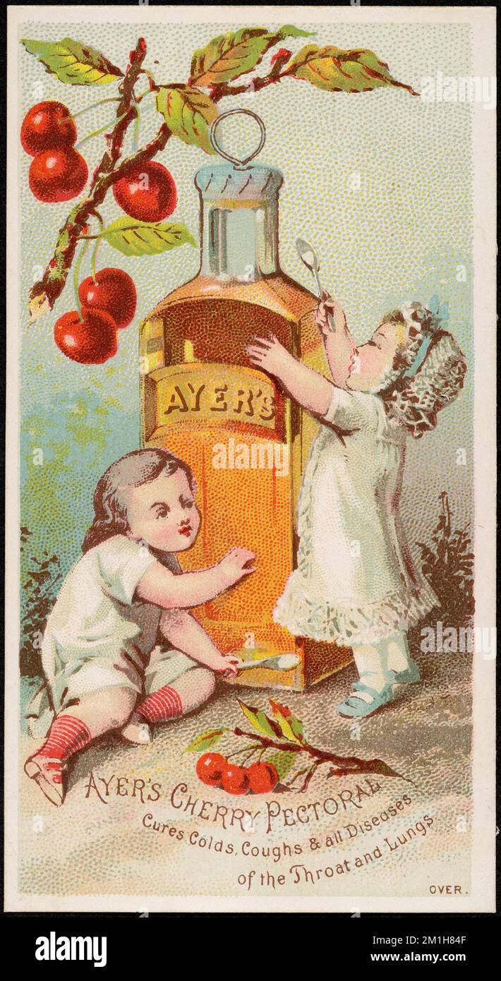 Ayer's Cherry pektorale heilt Erkältungen, Husten und alle Krankheiten des Rachens und der Lunge, Kinder, Patentmedizin, Kirschen, 19. Century American Trade Cards Stockfoto