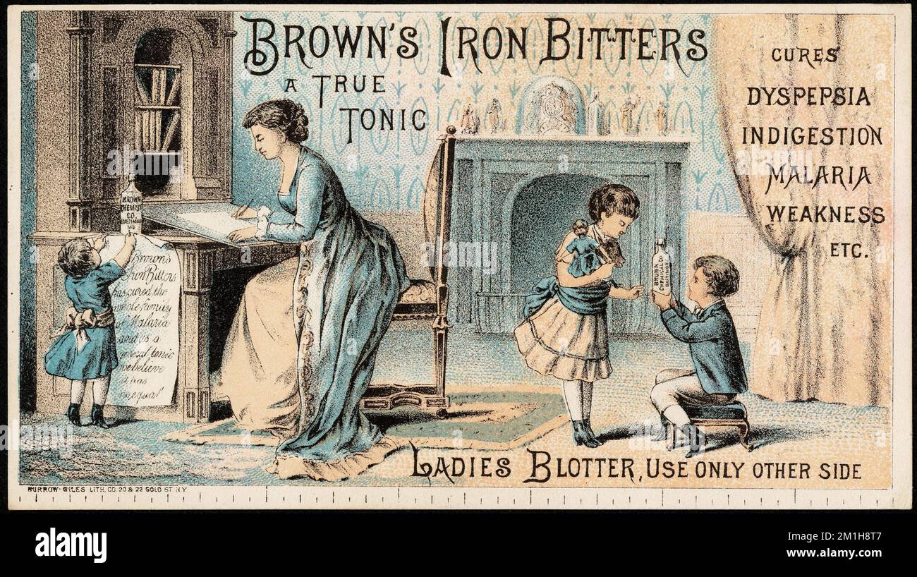 Brown's Iron Bitters, ein echtes Tonikum, heilt Dyspepsie, Verdauungsstörungen, Malaria, Schwäche usw. Damenblotter, nur die andere Seite benutzen. , Frauen, Kinder, Bitter, amerikanische Handelskarten des 19.. Jahrhunderts Stockfoto