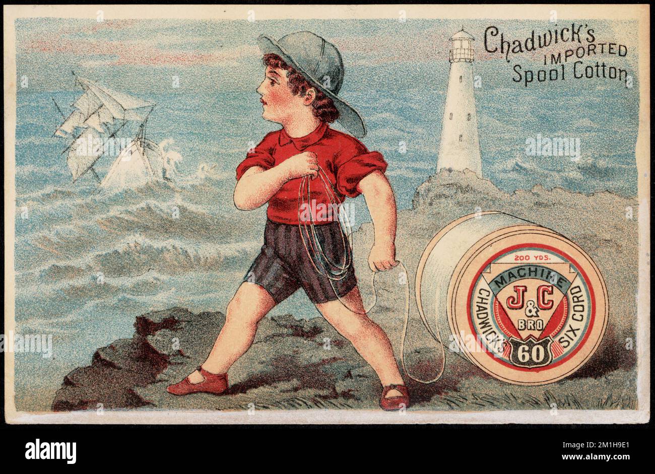 Chadwicks importierte Spule Baumwolle, Jungen, Schiffe, Faden, Baumwolle, Leuchttürme, amerikanische Handelskarten des 19.. Jahrhunderts Stockfoto