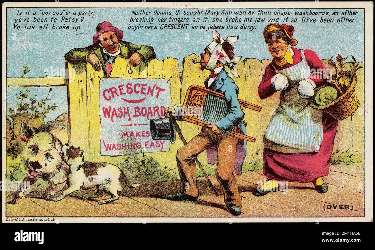 Das halbmondförmige Waschbrett macht das Waschen einfach, Erwachsene, Hunde, Waschbretter, amerikanische Handelskarten des 19.. Jahrhunderts Stockfoto