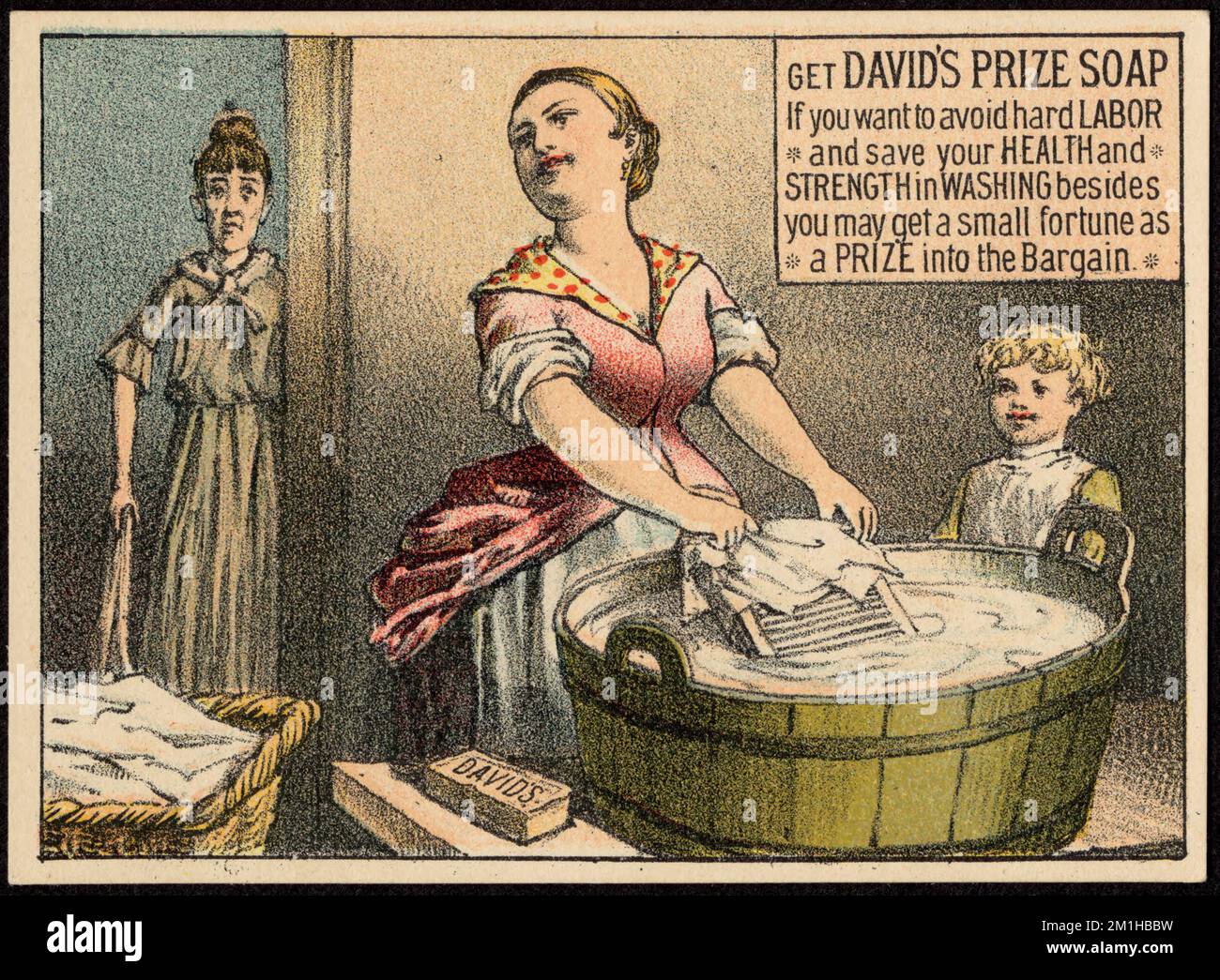 Hol dir Davids Preis Seife, wenn du harte Arbeit vermeiden und deine Gesundheit und Kraft beim Waschen sparen willst, außerdem kannst du ein kleines Vermögen einen Preis in das Geschäft bekommen, Frauen, Kinder, Waschbecken, Waschbretter, Haushaltsseife, amerikanische Handelskarten des 19.. Jahrhunderts Stockfoto