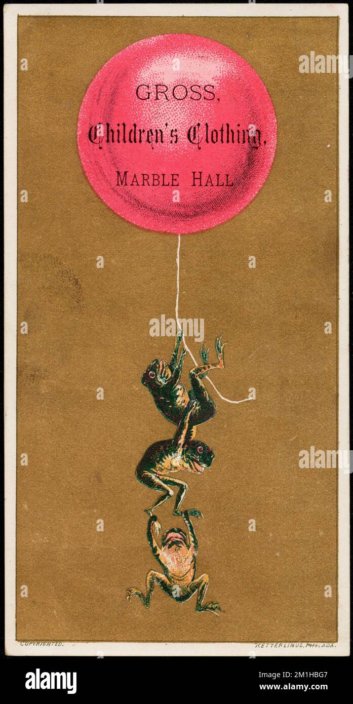 Ekelhaft, Kinderkleidung, Marble Hall. , Frösche, Luftballons Neuheiten, Kleidung & Kleidung, 19. Century American Trade Cards Stockfoto