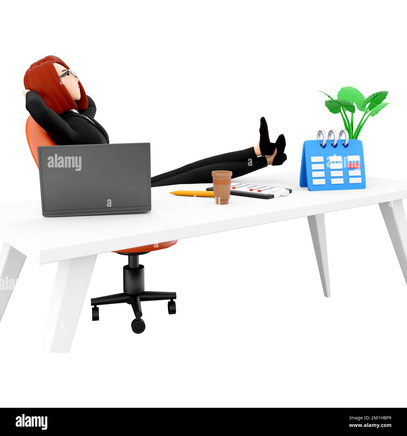 3D Legen Sie eine lügende Frau auf den Stuhl. 3D ruhende Frau. 3D die Geschäftsfrau auf weißem Hintergrund liegen lassen Stockfoto