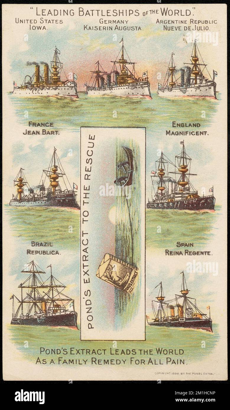 "Führende Schlachtschiffe der Welt." Pond's Extract zur Rettung. Pond's Extract führt die Welt als Familienmittel gegen alle Schmerzen an. , Schiffe, Boote, Patente, amerikanische Handelskarten des 19.. Jahrhunderts Stockfoto