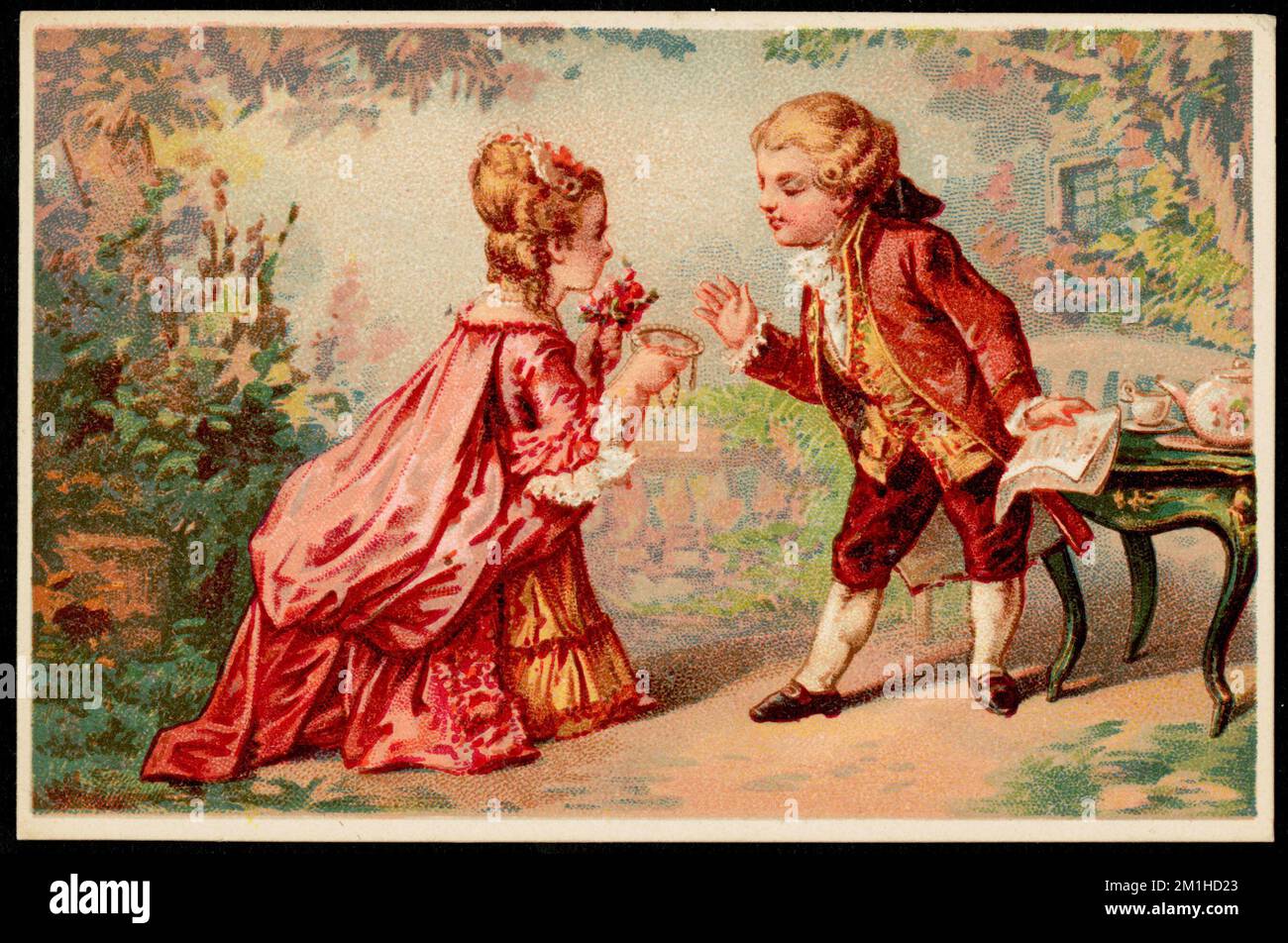 Mann und Frau im französischen Barockstil, Frau mit Blumen, Mann mit Papieren. , Erwachsene, amerikanische Handelskarten des 19.. Jahrhunderts Stockfoto