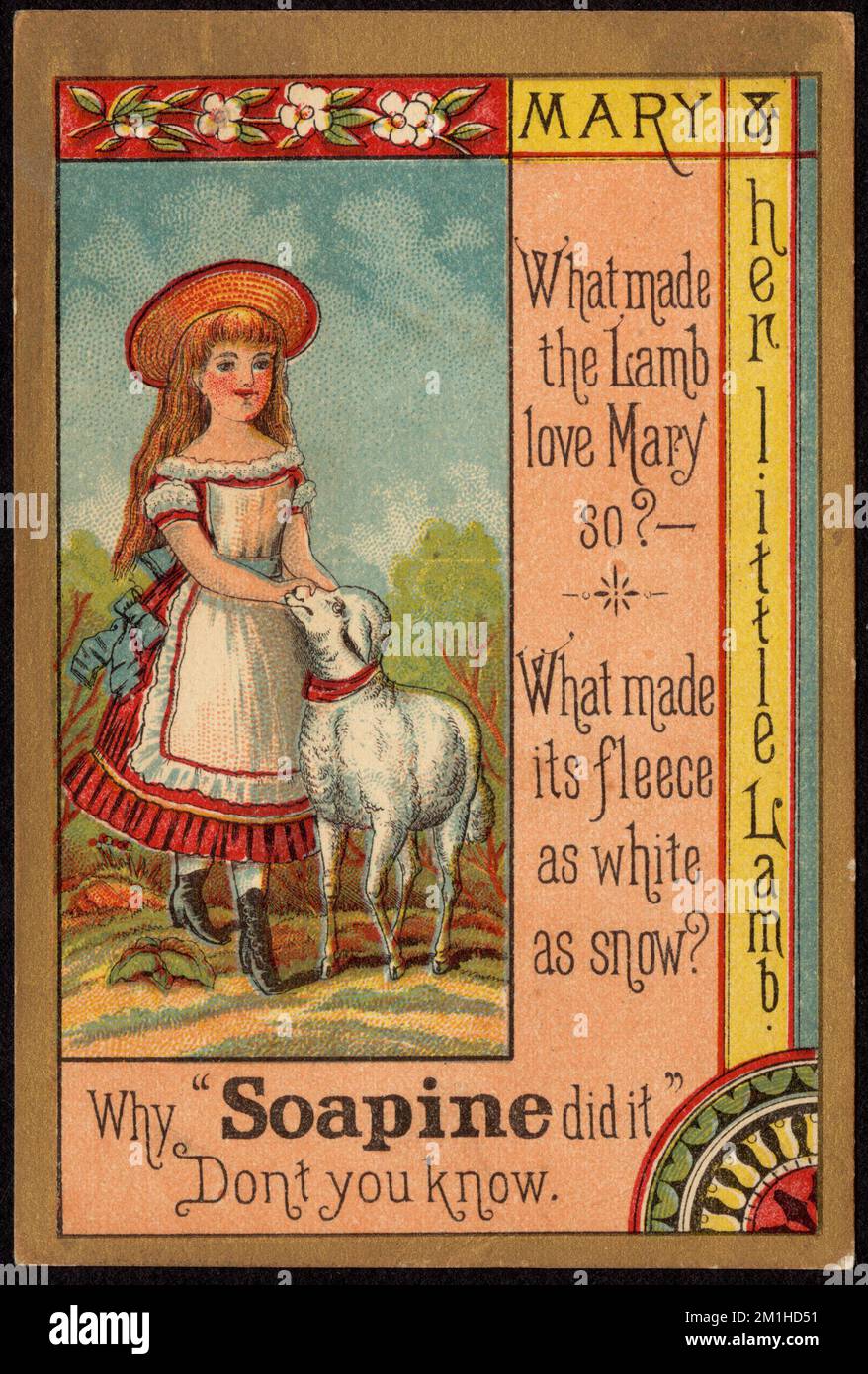Mary und ihr kleines Lamm. Warum liebte das Lamm Mary so? Was machte sein Fleece so weiß wie Schnee? Warum "Soapin" das getan hat, weißt du nicht. , Frauen, Schafe, Haushaltsseife, amerikanische Handelskarten des 19.. Jahrhunderts Stockfoto