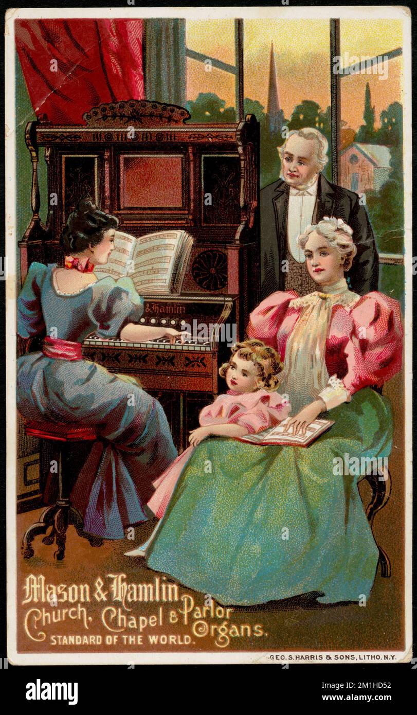 Mason & Hamlin, Kirche, Kapelle & Orgel. Standard der Welt. , Menschen, Pianos, amerikanische Handelskarten des 19.. Jahrhunderts Stockfoto
