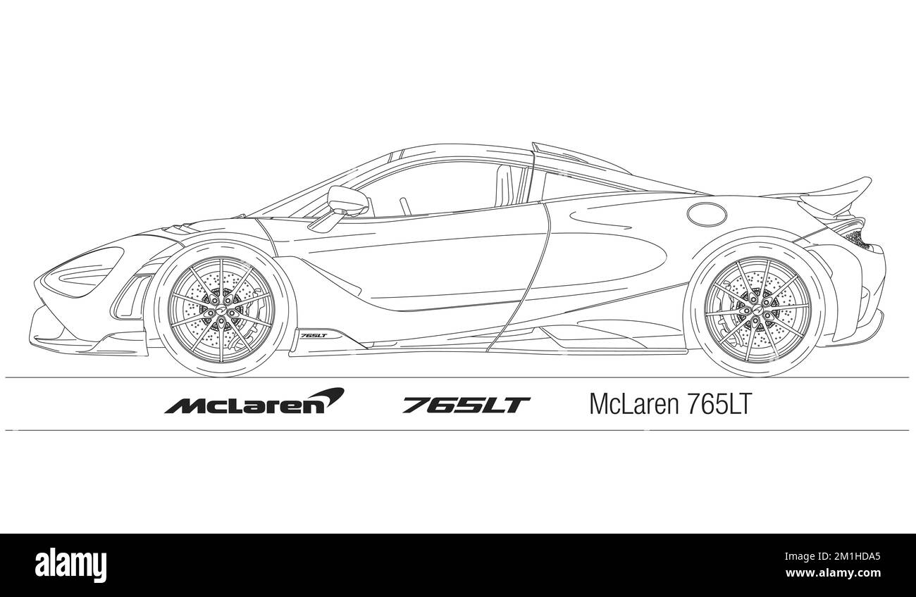 Großbritannien, Jahr 2020, McLaren 765LT Supercar Coupé, auf weißem Hintergrund, Abbildung Stockfoto